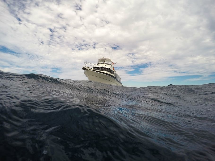 white yacht on ocean, clouds, sea, sky, water, nautical vessel HD wallpaper