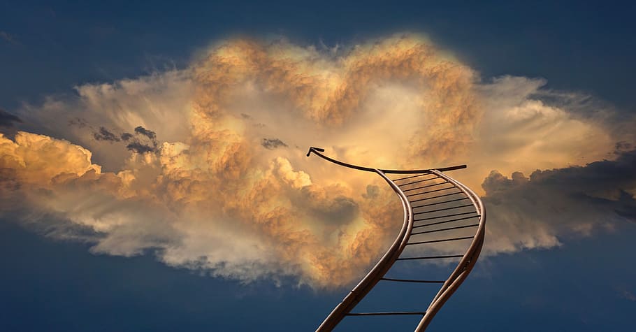 stairs going to clouds illustration, heart, head, beyond, sky