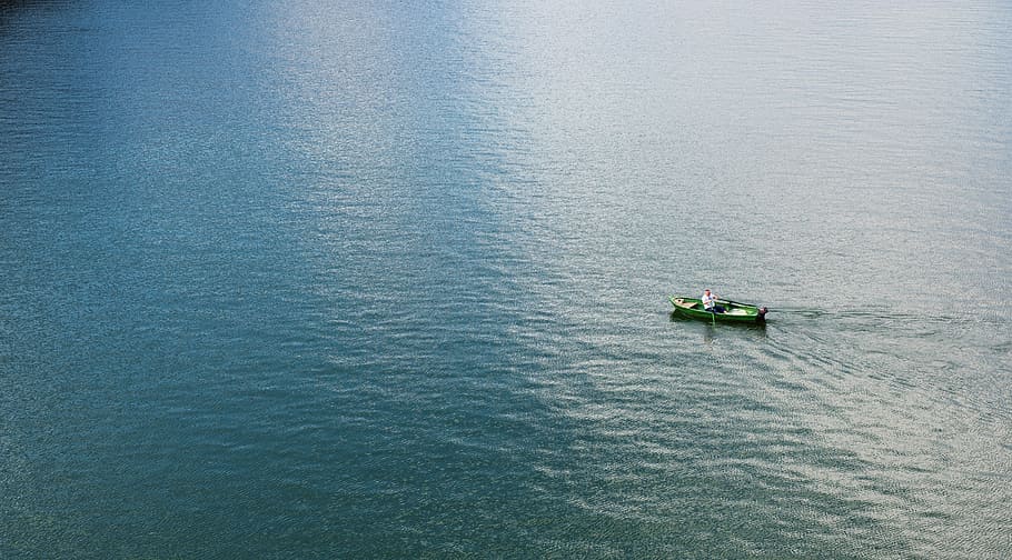 boat on body of water during daytime, man, riding, green, rowing HD wallpaper