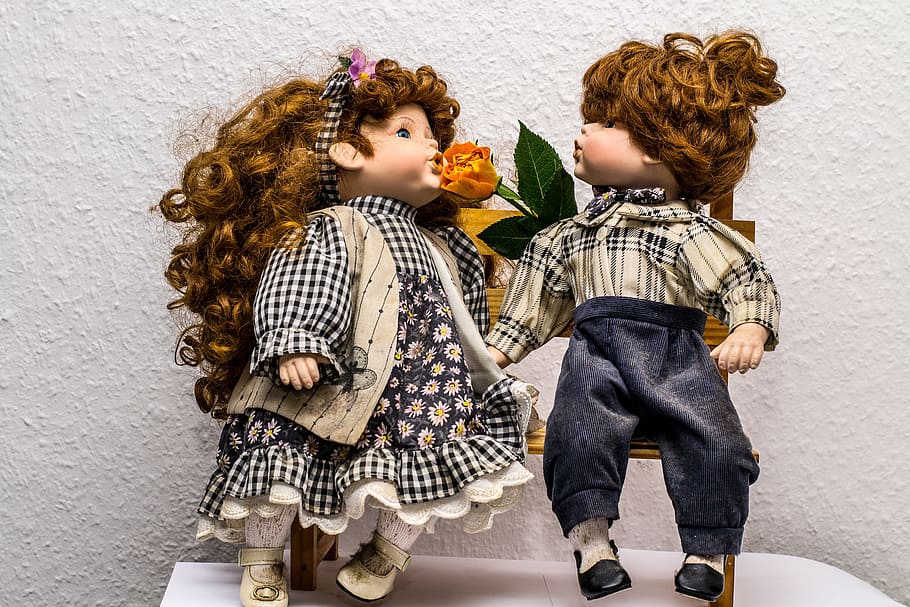 bank, sit, dolls, two people, togetherness, child, childhood HD wallpaper