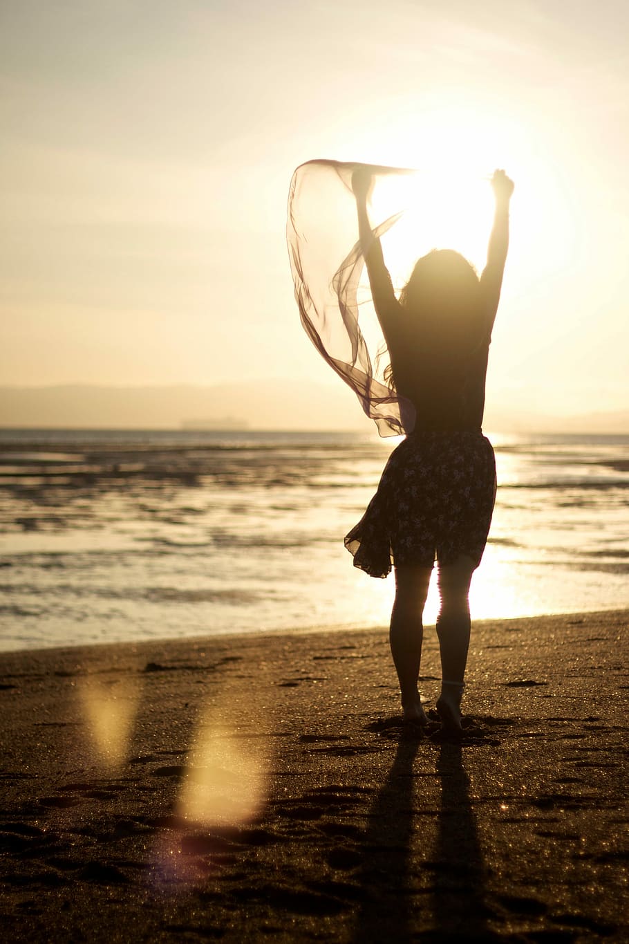 woman holding scarf standing on beach shore during sunset, sea HD wallpaper