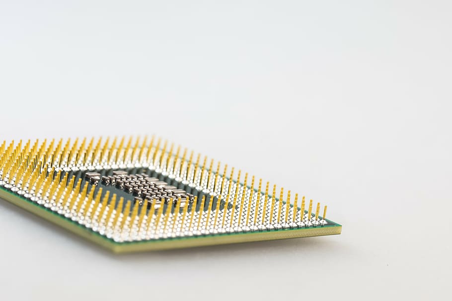 gold and green CPU processor, macro, pen, pin, computer, electronics HD wallpaper