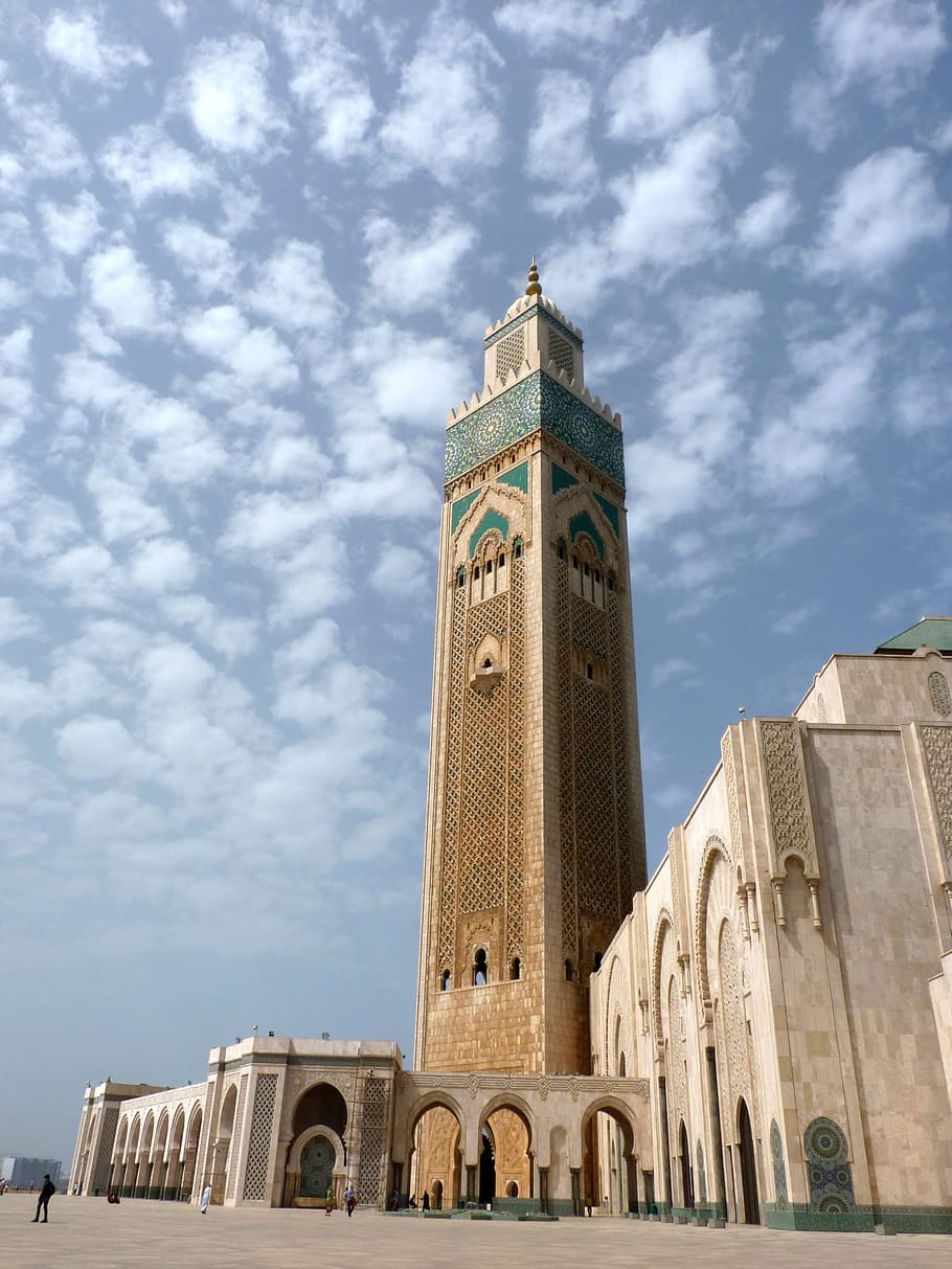 brown and white concrete tower, casablanca, mosque, morocco, built structure