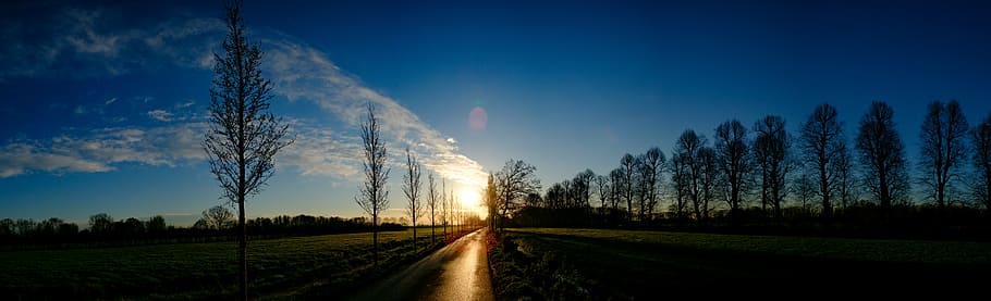 clouds, panoramic, road, silhouette, sky, sunrise, sunset, travel HD wallpaper