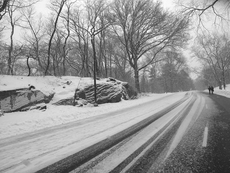 two people walking on road covered with snow, landscape, winter HD wallpaper