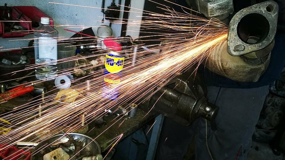 sparks, cutting, kick, workshop, study, instruments, worker HD wallpaper
