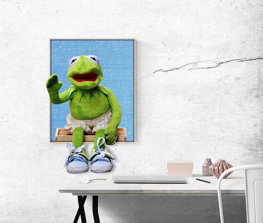 Kermit the Frog poster, image, desk, funny, office, 3d, soft toy, HD wallpaper