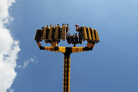 fair, driving device, over head, upside down, sky, blue, fly HD wallpaper