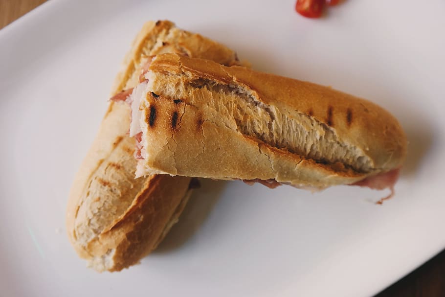 bread, food, plate, sandwich, baguette, baked, baking, breakfast HD wallpaper