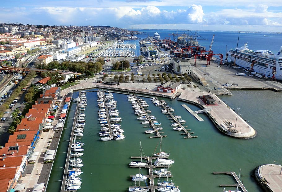 aerial view of boats and houses at daytime, port, lisbon, water HD wallpaper