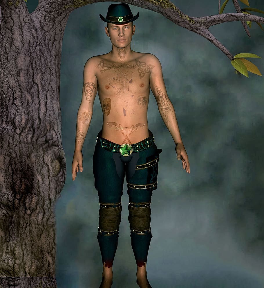 man, tattoo, tree, hat, mood, log, fantasy, background, background image HD wallpaper