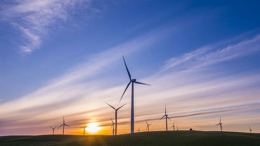 landscape photo of windmills, wind turbines on mountain, sky HD wallpaper