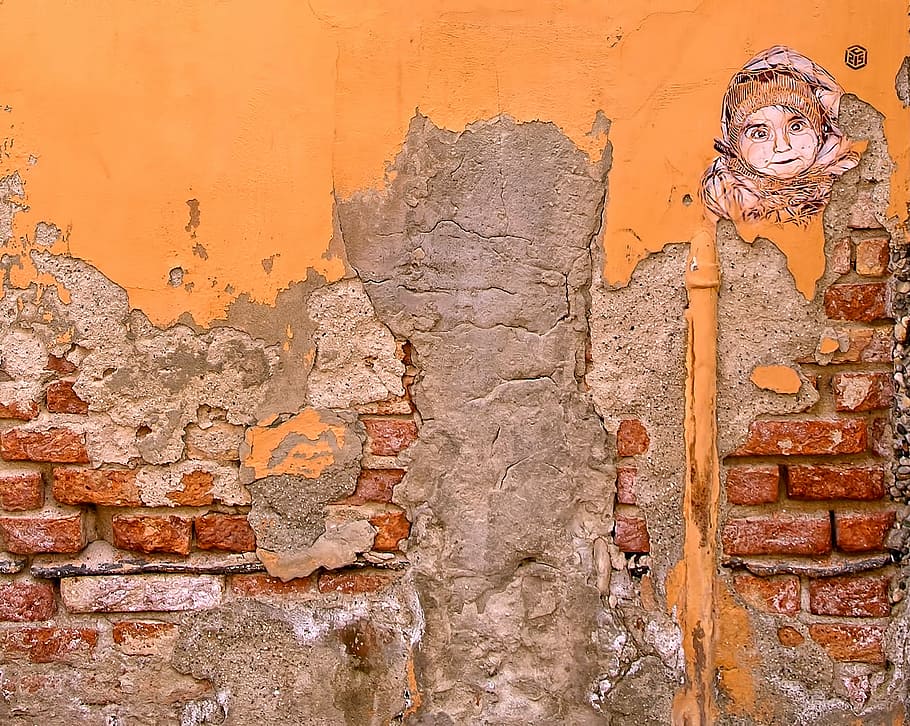 closeup photo of orange and gray wall paint, brown brick wall photo HD wallpaper