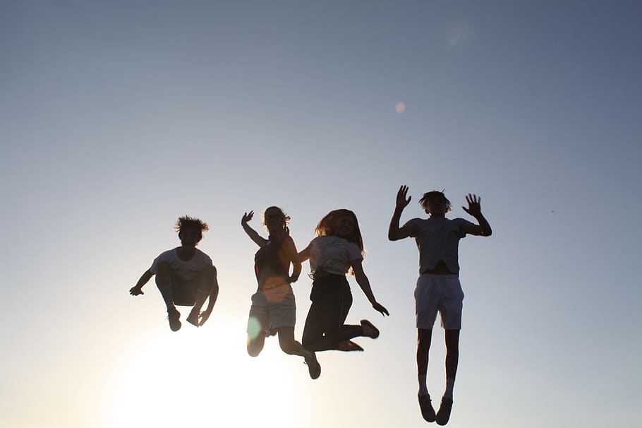 jump, backlighting, summer, sun, sunset, group of people, sky HD wallpaper