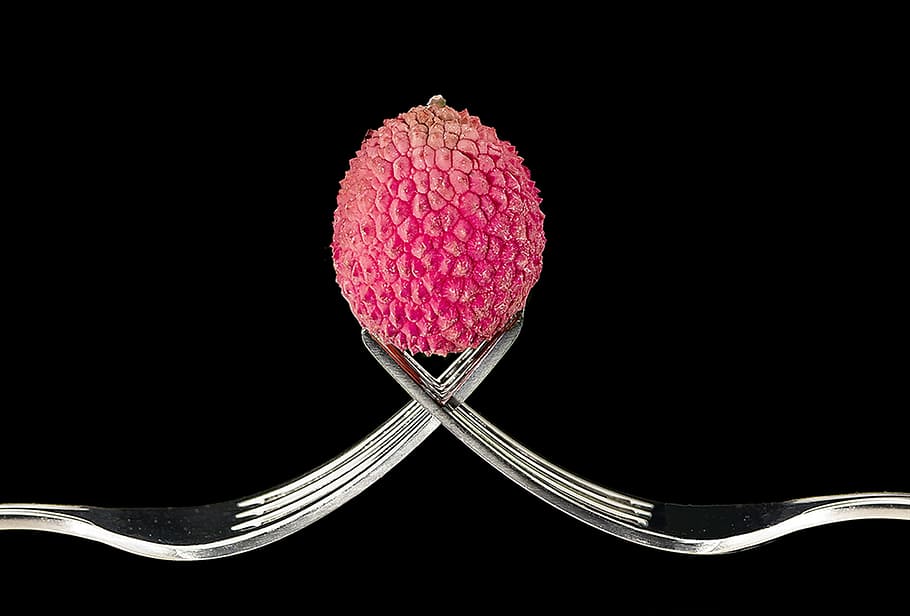 lychees, forks, fruit, studio shot, black background, indoors HD wallpaper