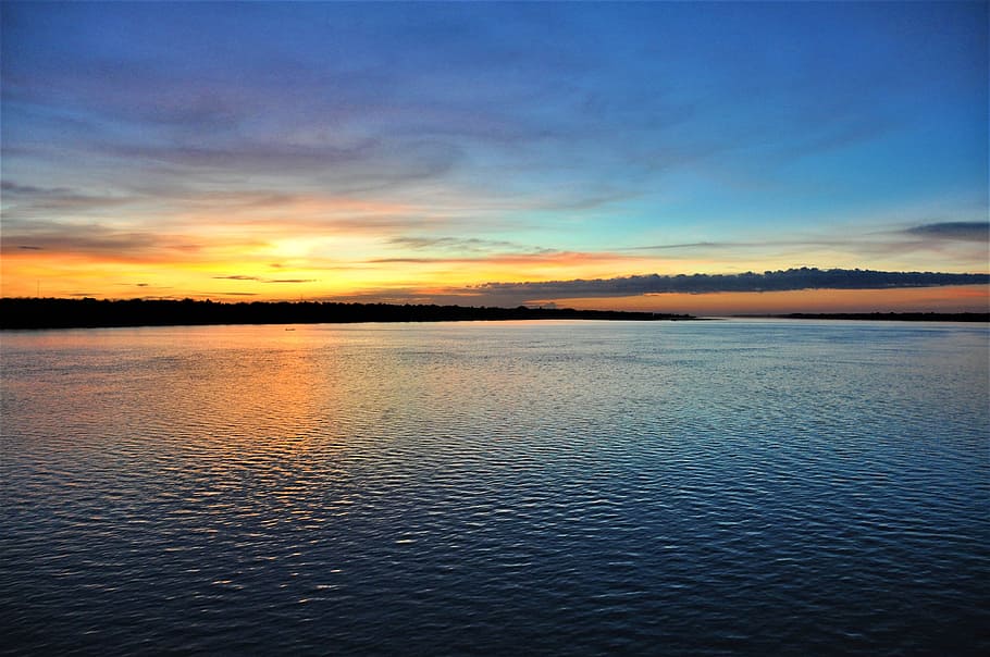 sunset, tonle sap, lake, water, sky, blue, colors, light, tranquility, HD wallpaper