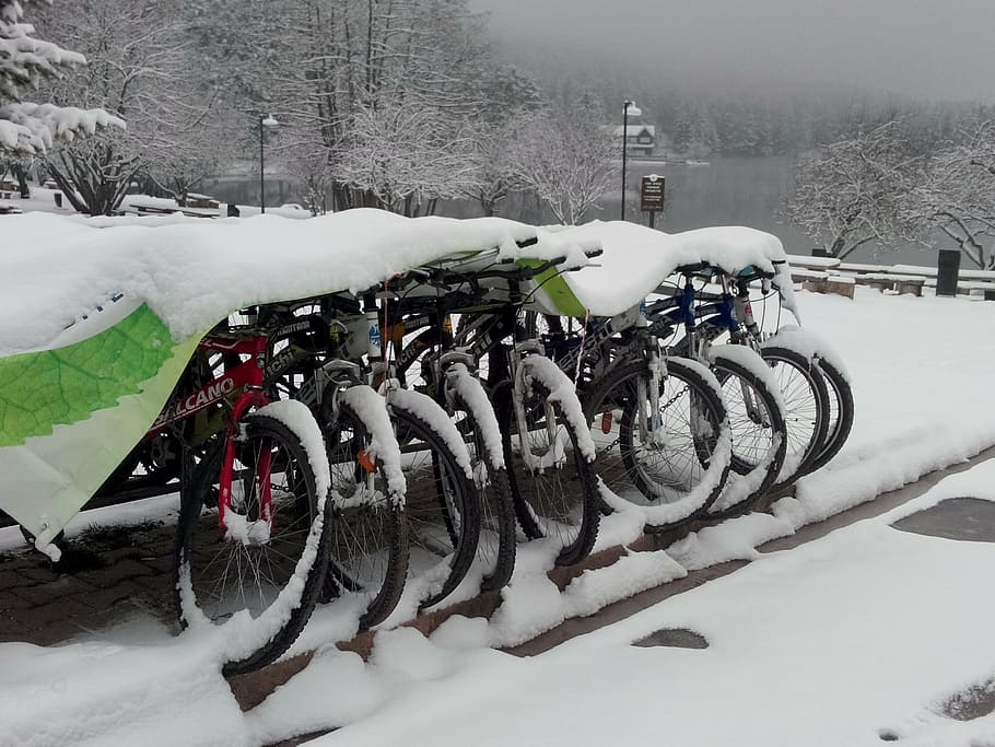 bicycle, snow, winter, cold temperature, transportation, mode of transportation HD wallpaper