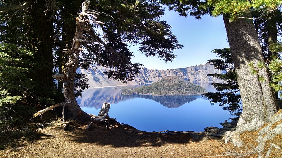 calm body of water and trees, crater lake, wizard island, oregon