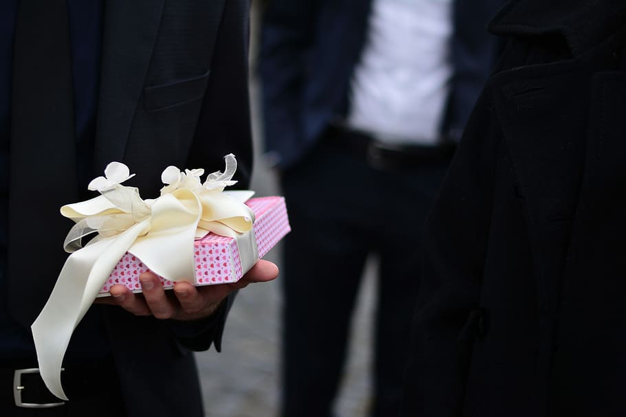 person holding pink and white gift box, celebration, wedding, HD wallpaper