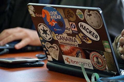 Laptop with a lot of stickers, black laptop, computers, photos HD wallpaper