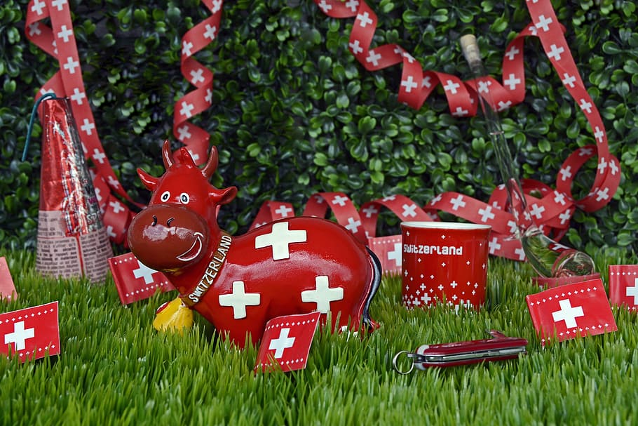 red cross deer and ribbon decor, national day, switzerland, celebrate, HD wallpaper
