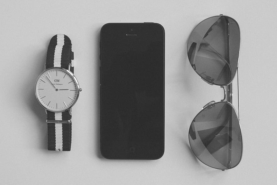 black sunglasses with silver frames, watch, accessories, iphone