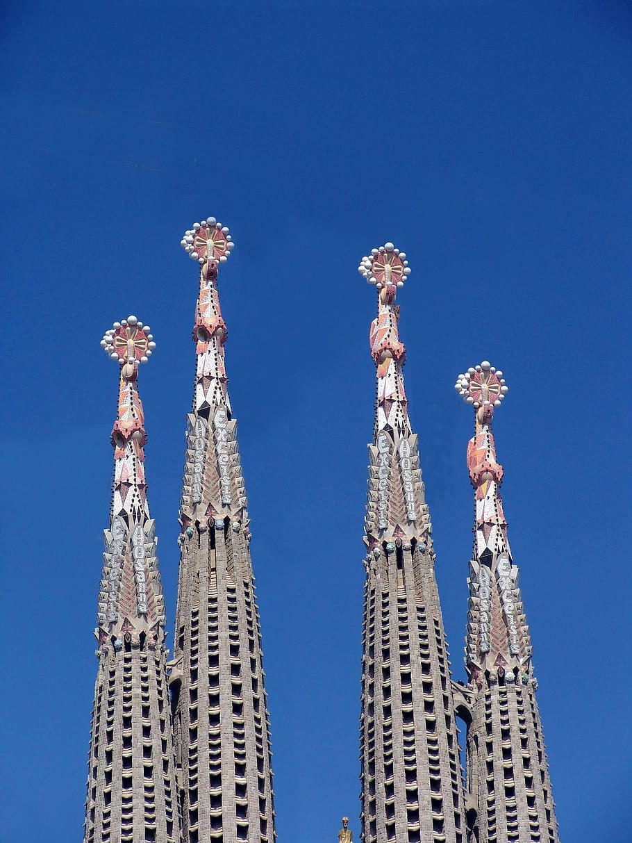 four gray pointed buildings, sagrada familia, barcelona, spain, HD wallpaper