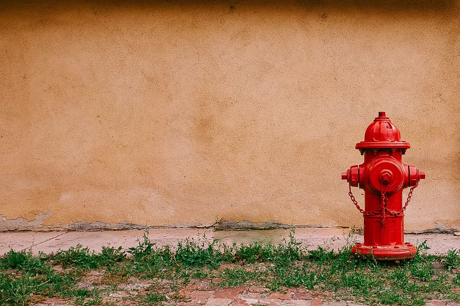 fire hydrant near beige painted wall, red steel fire hydrant HD wallpaper