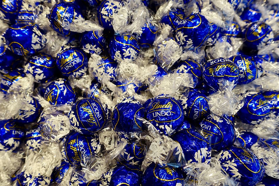 Sweets, Chocolate, Candy, Balls, Wrapped, blue, full frame HD wallpaper