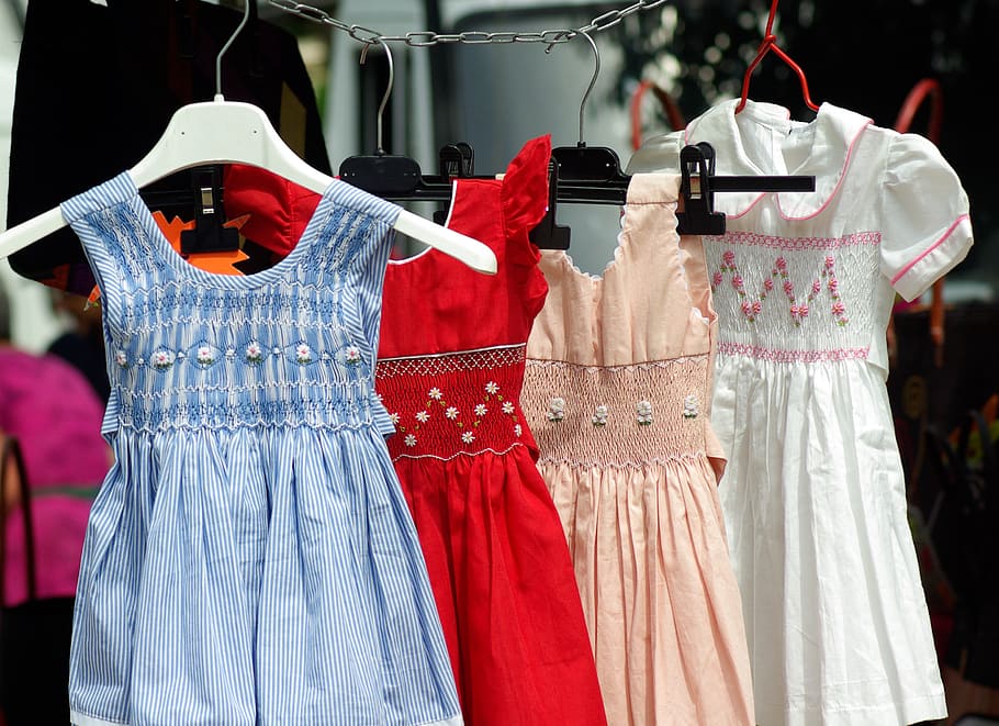 several assorted-color dresses hanging on hanger, embroidery, HD wallpaper