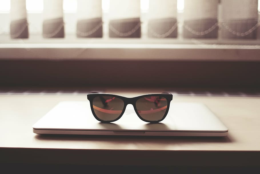 black sunglasses on top of MacBook, mac book, computer, office HD wallpaper