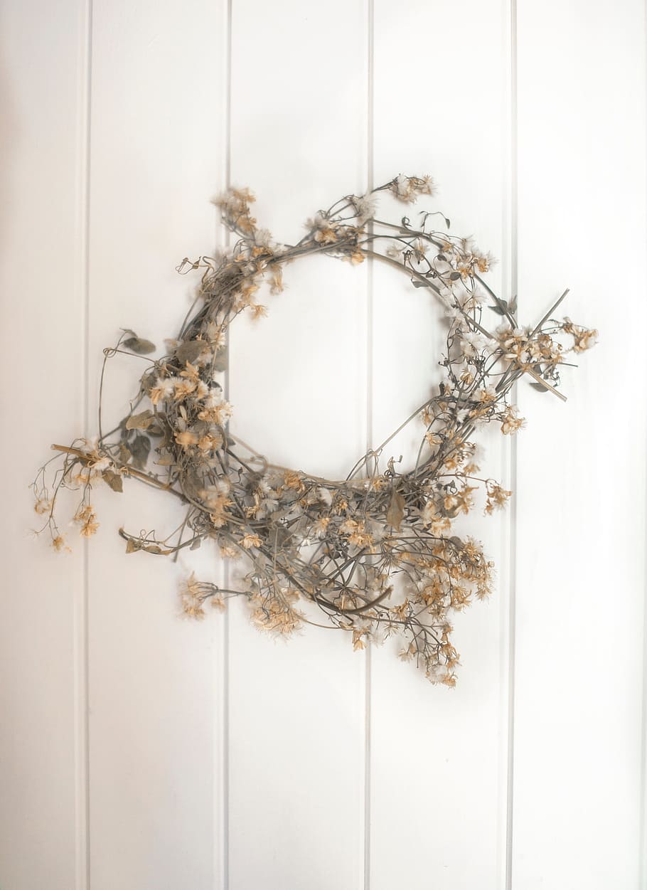 brown and beige floral wreath, flowers, ring, circle, white HD wallpaper