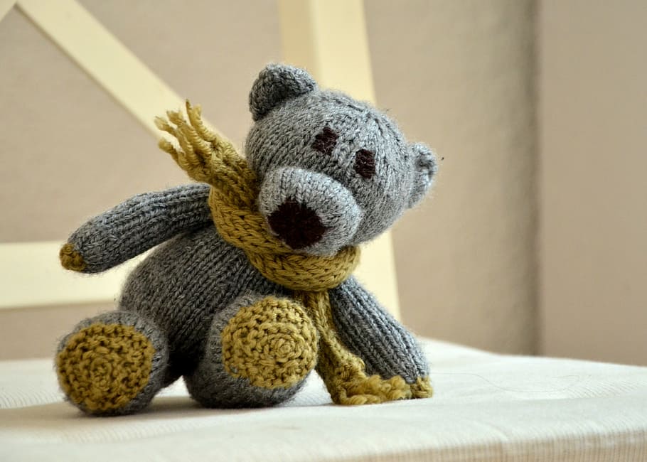 grey teddy bear plush toy on brown chair, knitted, wool, friendly HD wallpaper