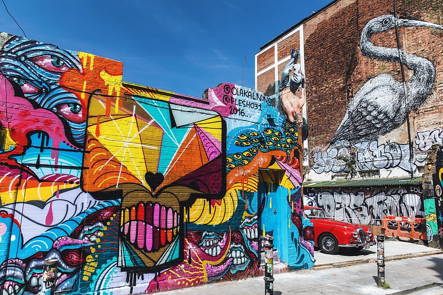 Vibrantly-coloured street art and graffiti near Brick Lane in London