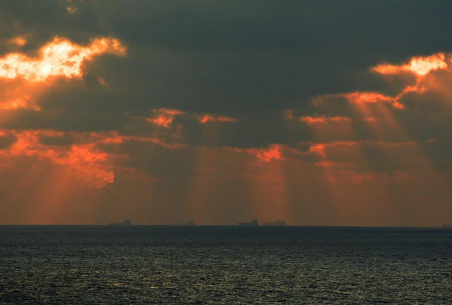 sunset, sea, clouds, horizon, ocean, evening sky, sillhoutte HD wallpaper