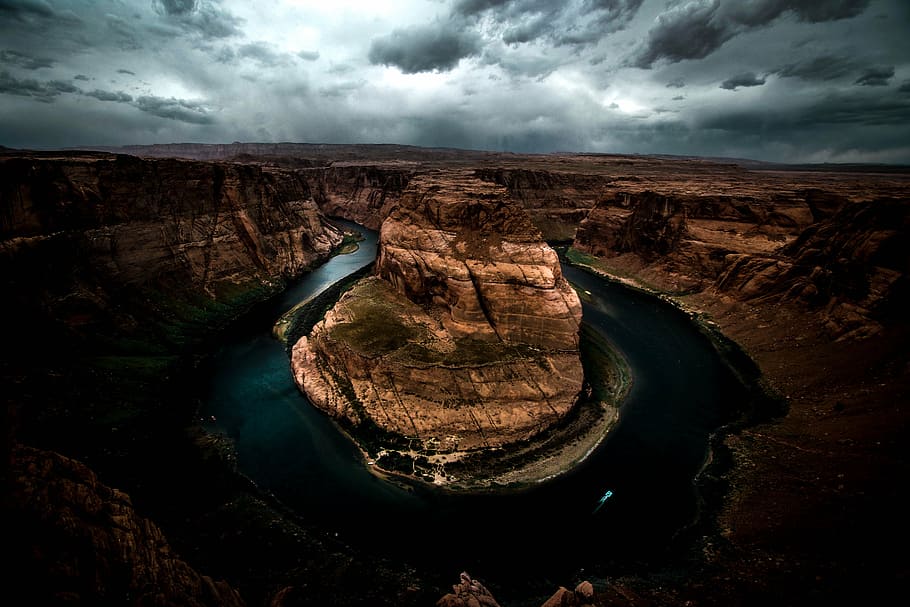 aerial photography of canyon, horseshoe, bend, river, water HD wallpaper