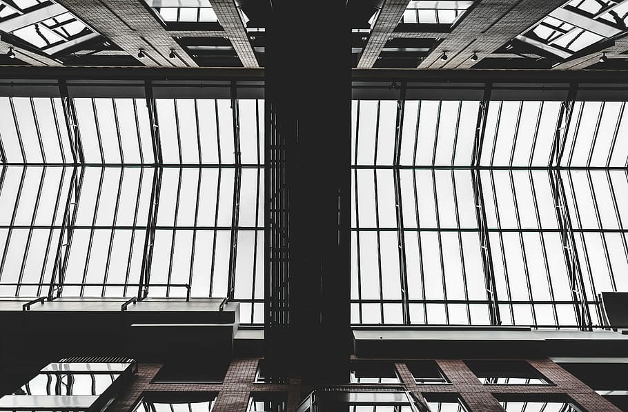 black steel framed roof panel under white sky, architecture HD wallpaper