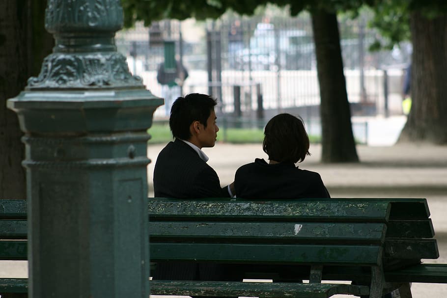 couple, bench, paris, two people, togetherness, men, sitting HD wallpaper