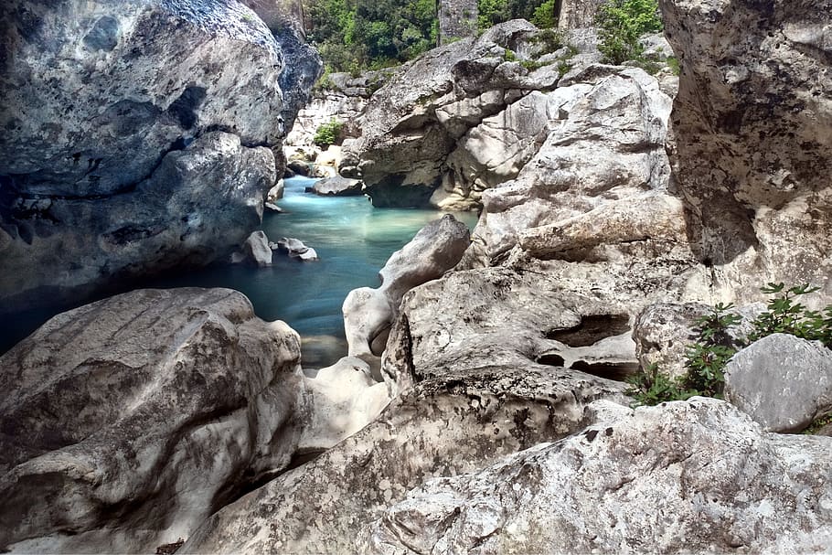 river, water, rocks, rock - object, rock formation, solid, nature HD wallpaper