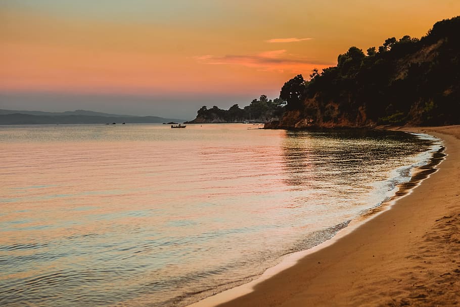 shore, beach, wave, water, sea, nature, orange, sunset, sky HD wallpaper