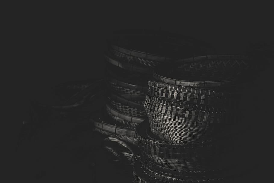 grayscale photography of wicker baskets, background, black and white HD wallpaper