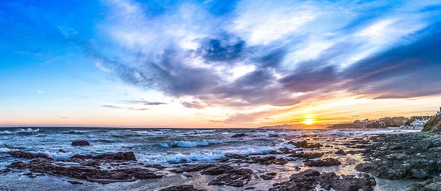sunset, blue, sea, sky, clouds, beach, peace, blue sky, landscape HD wallpaper