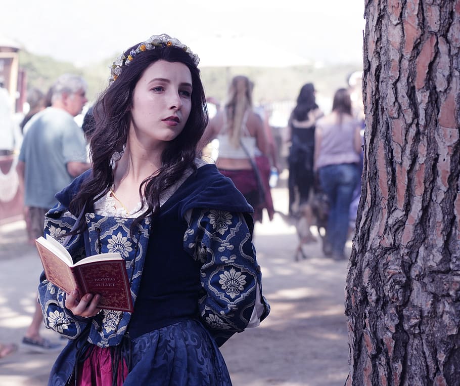 woman holding book standing, library, lady, shakespeare, reading HD wallpaper