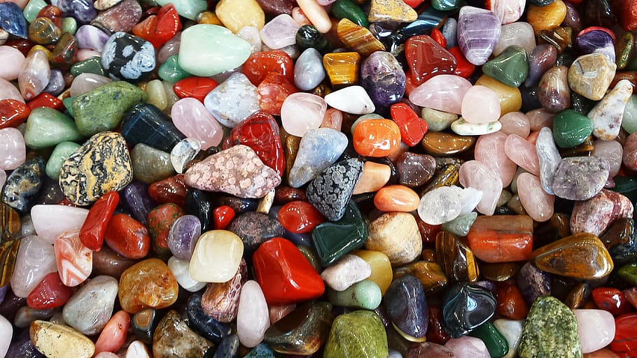 assorted-color stone decor lot, stones, colorful, gems, large group of objects