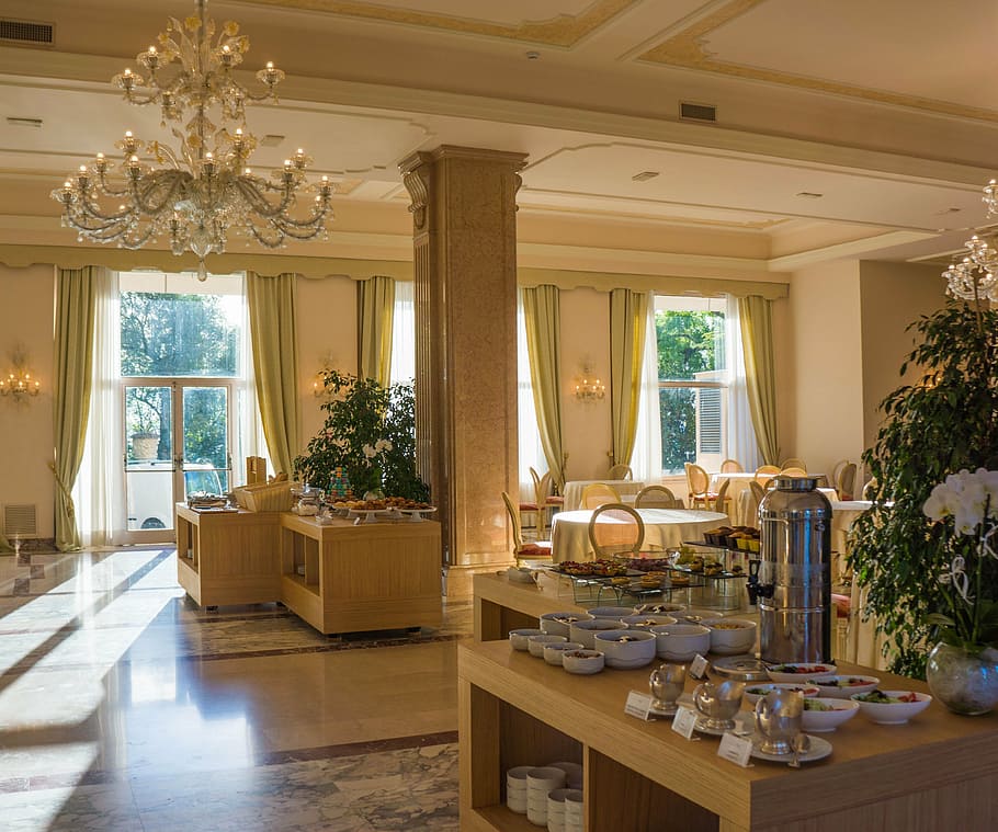 white bowls on table, villa cortine palace, breakfast room, restaurant, HD wallpaper