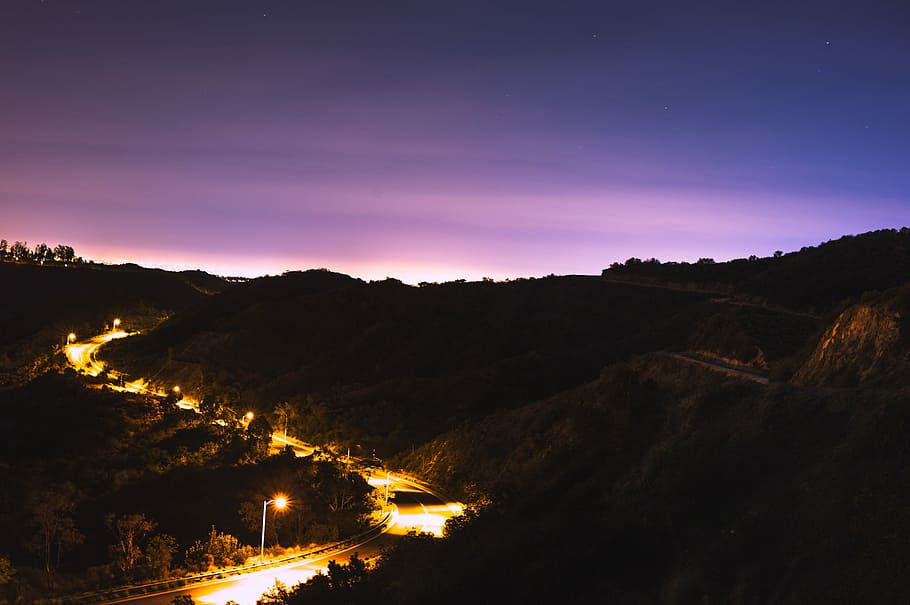 road on mountain side photo, concrete road under sky, purple HD wallpaper