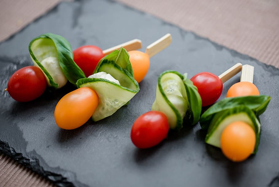 four cherry tomato and cucumber skewers, party square, vegetables HD wallpaper