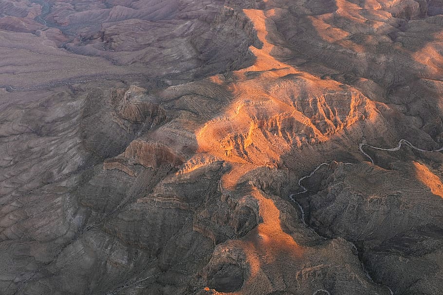aerial photography of black and brown landscape, mountain, river HD wallpaper
