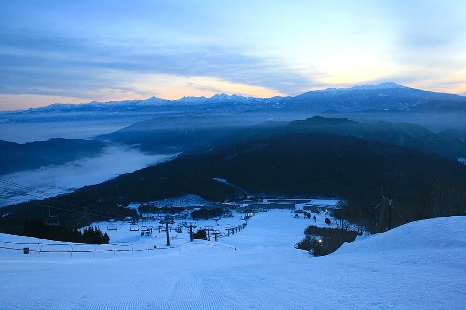 japan, mountains, sky, clouds, dusk, evening, sunset, ski slope HD wallpaper
