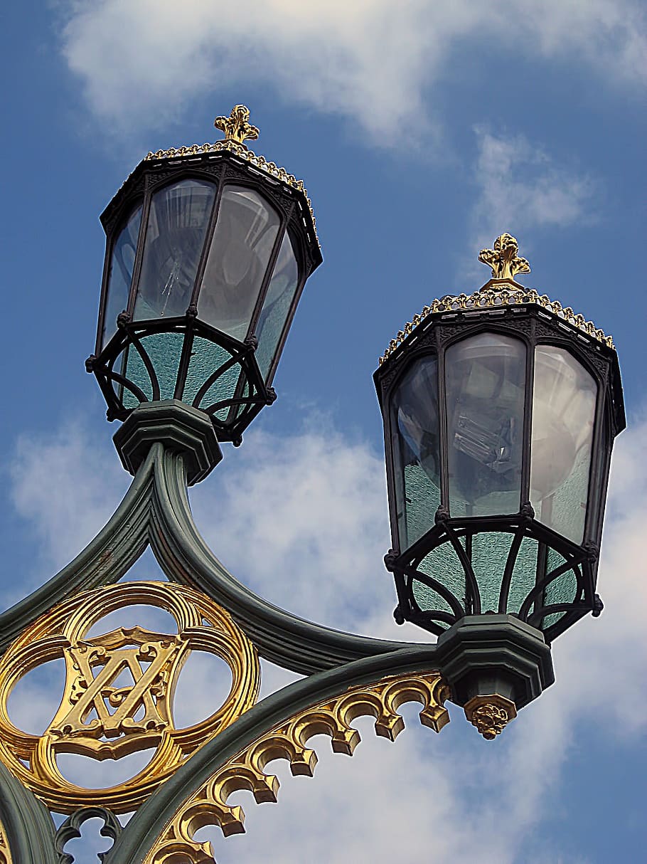 streetlight, decorative, sky, blue, clouds, london, english HD wallpaper